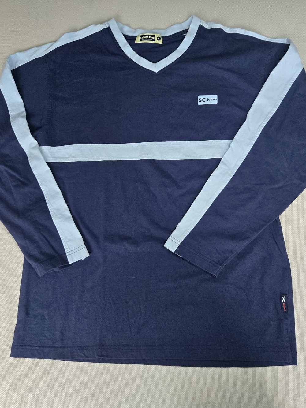 SC Jeans Sahara Club Large Long Sleeve T-Shirt V-Neck Navy Blue with Arm Stripe
